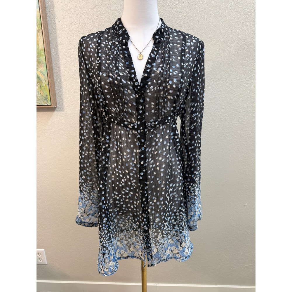 Boho Sheer‎ Blouse Blue Floral Tunic Lightweight Flowy Top